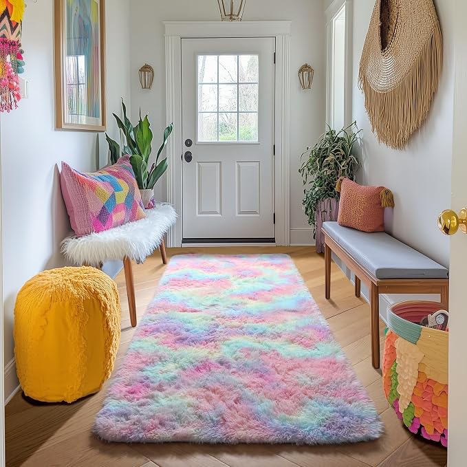 Amdrebio Rainbow Unicorn Pastel Shag Runner Area Rug 2x6 for Girls Bedroom | Fluffy Furry Fuzzy Shaggy Cute Kids Carpet, Nursery Classroom Playroom Preppy Dorm Home Decor, Colorful, Baby Toddler Corner