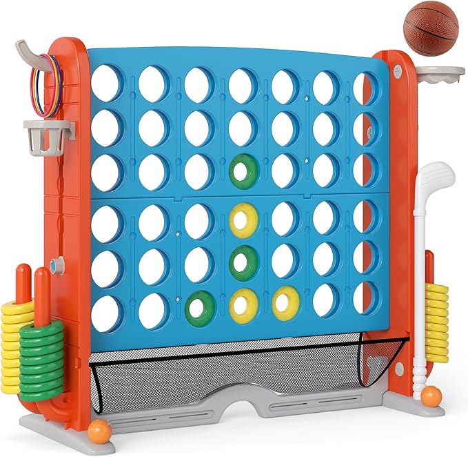 Costzon Giant 4-in-A-Row Connect Game, Height Adjustable 4-in-1 Jumbo 4-to-Score Yard Game with Golf, Ring Toss, Basketball, Cup Holder & Mesh Net, Indoor Outdoor Game for Kids Adults Family Party