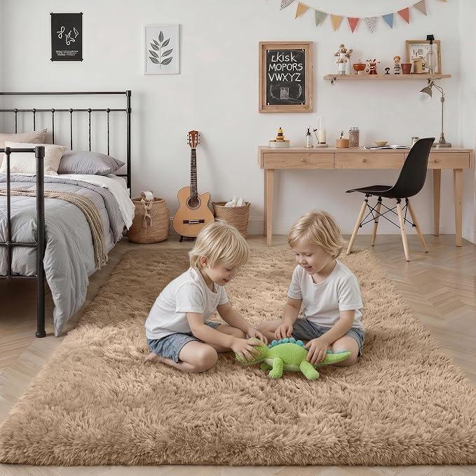 8x10 Area Rugs for Living Room Bedroom: Ultra Soft Fluffy Shag Rug Upgrade Non-Slip Non-Shedding Large Fuzzy Plush Carpet Indoor Floor Carpets for Kids Room Playroom Nursery Dorms Home Decor Beige