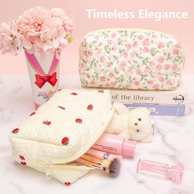 Small Quilted Makeup Bag,Zipper Cosmetic Pouch,Gauze Strawberry,6 Pack | Lightweight Cosmetic Bag Organizer for Women,Purse Storage Holds Makeup,Toiletries,Skincare,Beauty Essentials,Travel Items