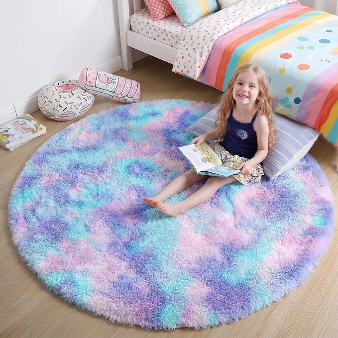 Amdrebio Purple Rainbow Round Rug 5Ft for Bedroom Girls Room Decor, Mermaid Kids Rugs for Playroom Nursery Dorm Classroom, Fluffy Fuzzy Cute Shag Carpet, Soft Kawaii Circle Area Rugs for Baby Toddler