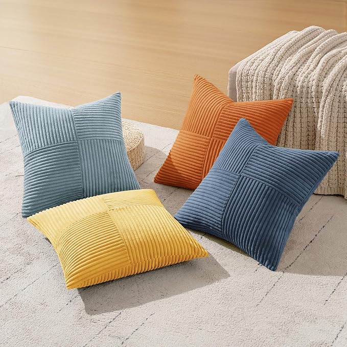 MIULEE Summer Yellow Blue Decorative Throw Pillow Covers 18x18 Inch Set of 4 Soft Corduroy Boho Patchwork Pillow Covers Modern Farmhouse Bright Home Decor for Sofa Living Room Couch Bed