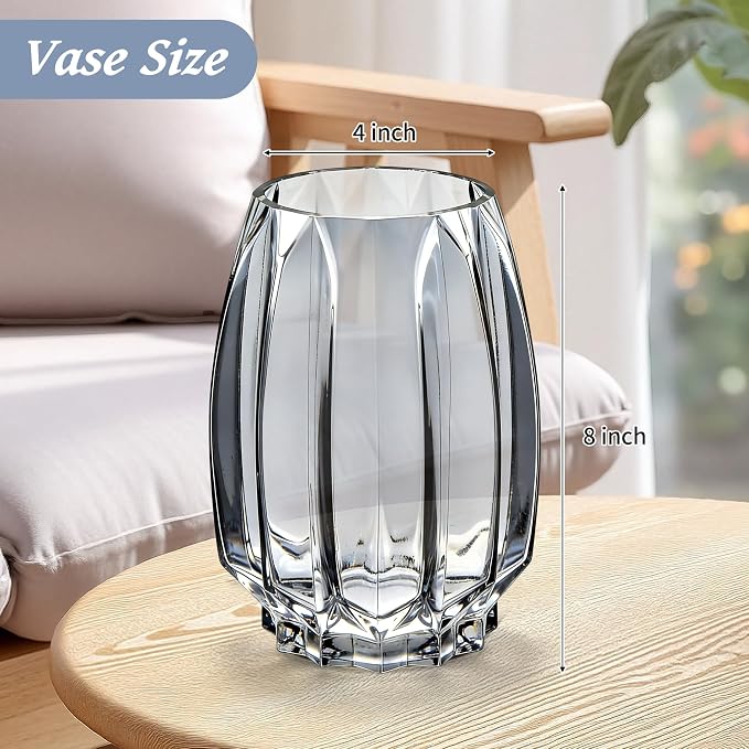 Glass Vase for Flowers - Hand Blown Flower Vase for Centerpieces, Wide Mouth Vase for Bouquets, Eucalyptus, Pampas Grass - Home Decor, Farmhouse, Dining Table