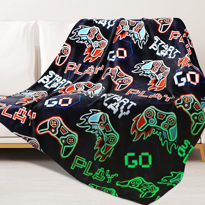 ORDM Glow in The Dark Blanket Boys Gaming Controller Throw Blanket Game Controller Gifts for Boys Toys Age 1-15 Years Old Unique Birthday Gifts Room Decor Luminous Blanket