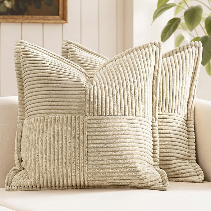 MIULEE Decorative Throw Pillow Covers for Couch 20x20 Inch Cream 2 Pack | Boho Broadside Striped Patchwork Pillow Covers, Soft Corduroy Cushion Cases, For Sofa Bed Livingroom Home Decor