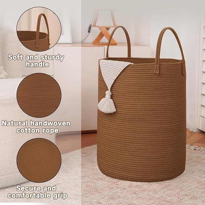 JMvicyroam 100L Cotton Rope Laundry Basket Hamper, Golden Jute | Collapsible laundry basket, reinforced handles, freestanding, machine washable, holds 3-5 thick blankets, clothes or toys
