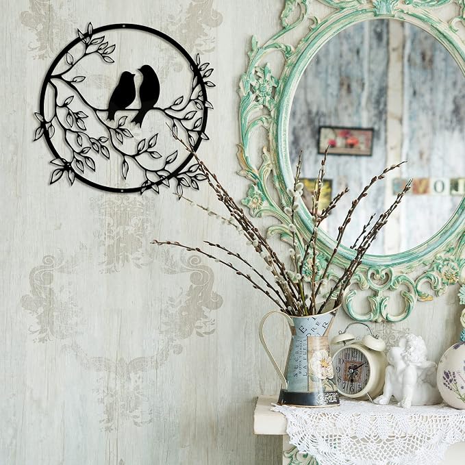 Ferraycle Metal Wall Art Bird on Tree Branch Silhouette Bird Hanging Ornament Porch Wall Decor for Living Room Outdoor Garden Bedroom Office Housewarming Party Decoration(Black)