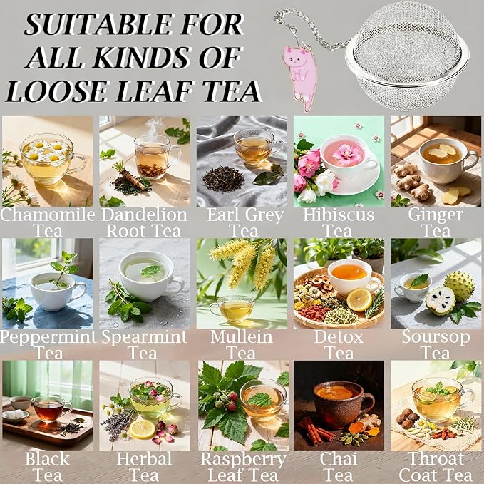 Cat Tea Infuser Set 2PCS, Loose Leaf Tea Strainers with Cute Alloy Charm, Stainless Steel Mesh Steeper for Flower Fruits Spices Herbal Tea and Cold Brew