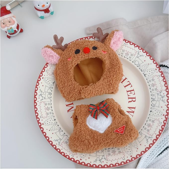 Christmas Hat Clothes for Dolls Accessories, Stylish Kawaii Festive Christmas Elk Outfit Set 2 Pieces Suitable for 15cm 17cm Doll , Xmas Doll Clothing Set Replacement Brown