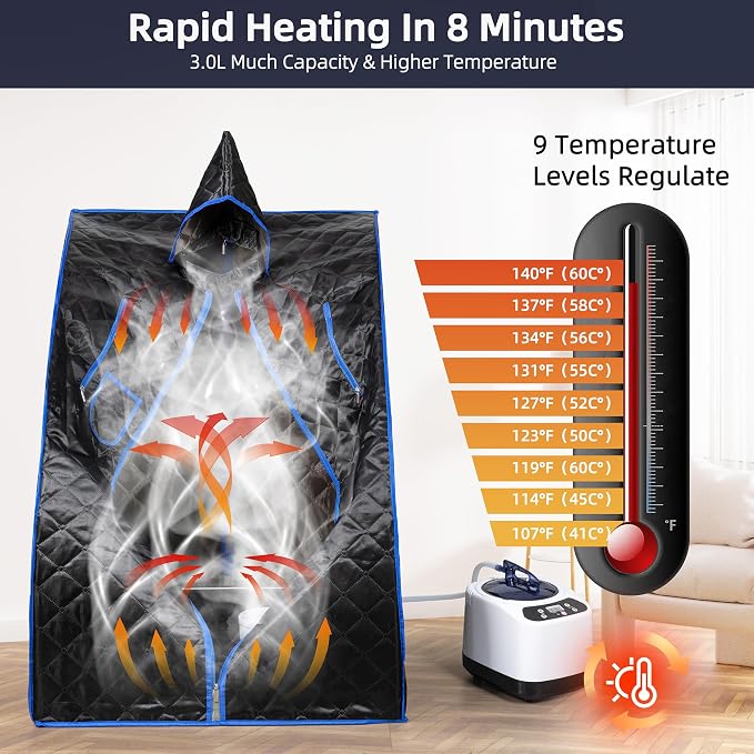 BOCHPOWER Portable Sauna Box, 3.0L Steamer, Remote Control, Folding Chair, 9 Levels (Basic Full Size)