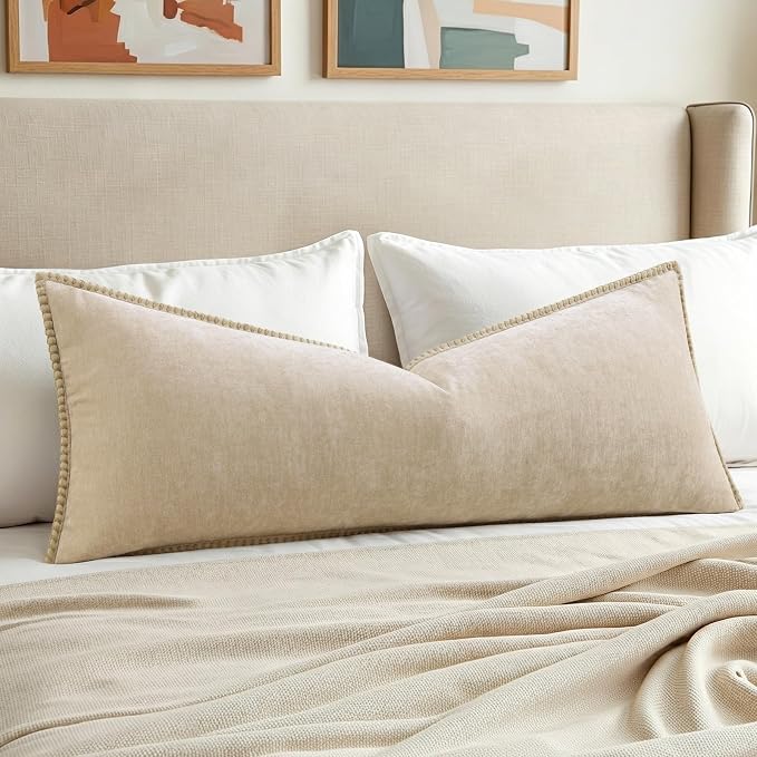 decorUhome Soft Chenille Throw Pillow Covers 14x36 Pack of 1 Beige | Fall Textured Decorative Throw Pillow Cases Stitched Edge Modern Farmhouse Luxury Boho Velvet for Couch Sofa Bed Home Decor