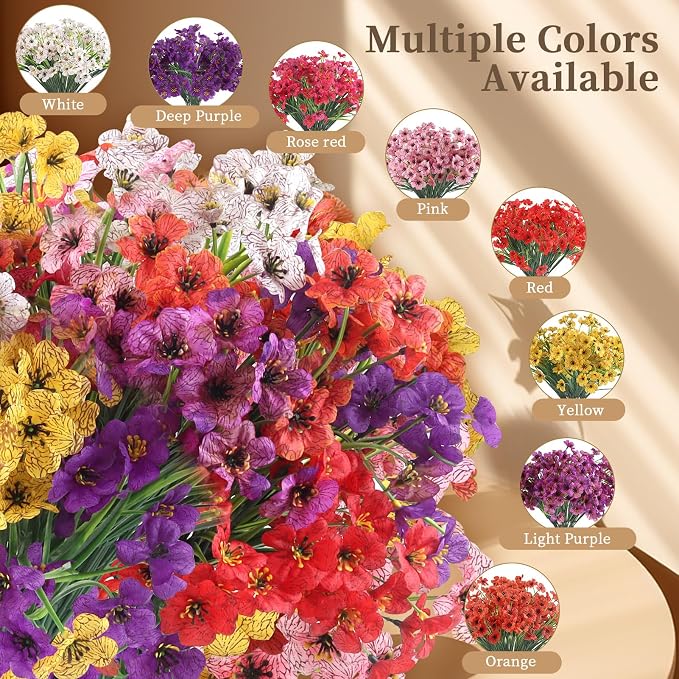 ColoPlay 24 Bundles Red Artificial Flowers for Outdoors, Fake Flowers | Fake Plants Outdoors, UV Resistant Faux Flowers for Indoor Outside Garden Porch Window Box Home Wedding Farmhouse