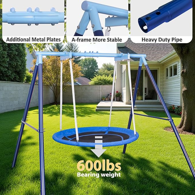 JYGOPLA 50-Inch Saucer Swing with Frame & Stand - Heavy Duty 600 lbs Capacity, Outdoor Swing Sets for Backyard Family Fun, Kids 3-12 & Adults, Easy Assembly (Blue)