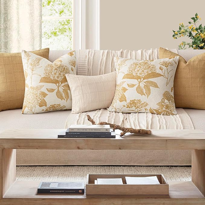 Foindtower Set of 2 Linen Floral Vintage Throw Pillow Covers Neutral Accent Print Decorative Cozy Cushion Covers Farmhouse Home Decor for Sofa Chair Couch Bed Living Room,24×24 Inch,Light Yellow