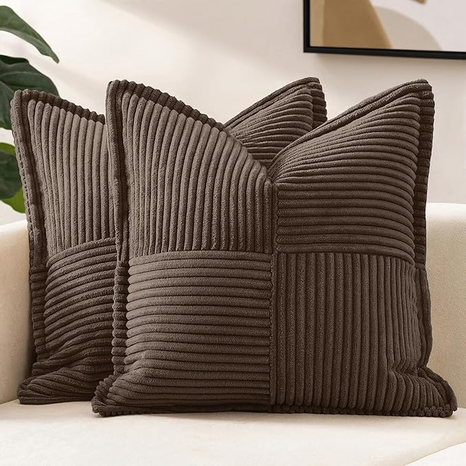 MIULEE Decorative Throw Pillow Covers for Couch 20x20 Inch Dark Brown | 2 Pack, Boho Broadside Striped Patchwork Pillow Covers, Soft Corduroy Cushion Cases, For Sofa Bed Livingroom Home Decor