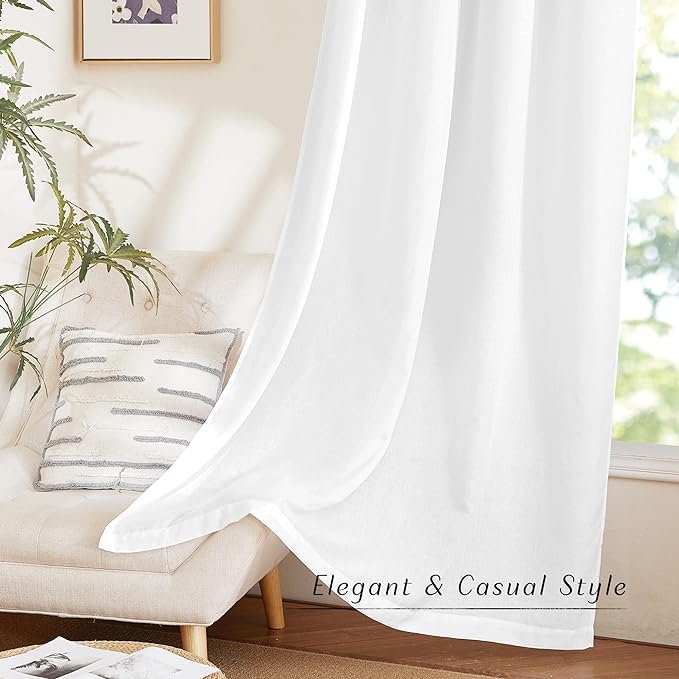 NICETOWN Linen White Curtains 84 inch Length 2 Panels Set, Grommet Thick Flax Linen Blend Window Treatment Privacy Assured with Light Filtering for Bedroom/Living Room, W55 x L84