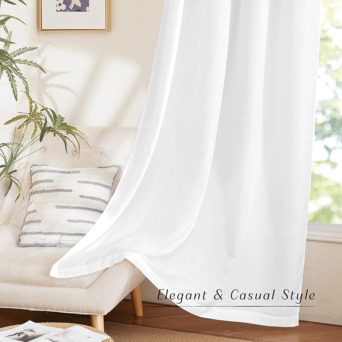 NICETOWN Thick Linen White Curtains 90 inch Length, Grommet Flax Linen Blend Window Treatments Privacy with Light Filtering Drapes for Bedroom/Living Room, W55 x L90, 2 Panels