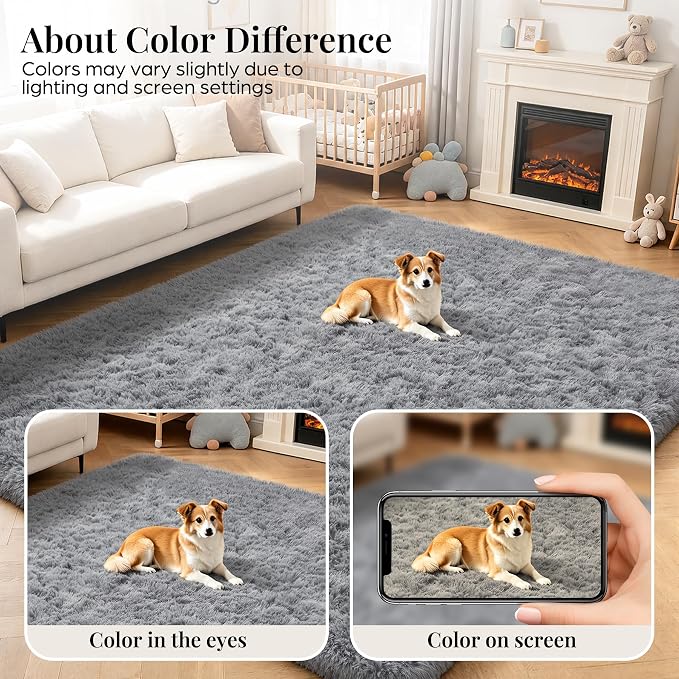 Area Rug for Living Room Bedroom: 4x6 Grey Soft Fluffy Shag Upgrade Non-Slip High Pile Carpet Large Fuzzy Plush Indoor Floor Decor Shaggy Rug for Kid Boys Girls Dorms Playroom Nursery Modern Home