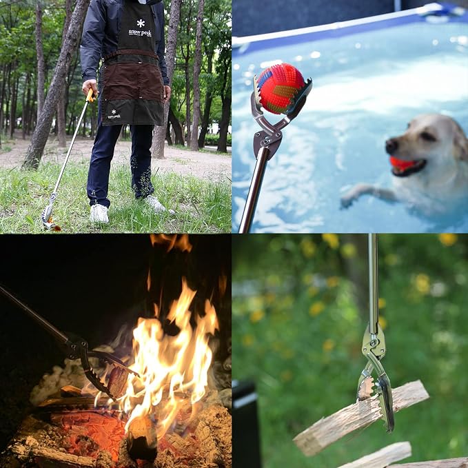 FTH Stainless Steel Grabber Reacher Pickup Tool Heavy Duty Trash Picker 40" | Log BBQ fireplace pits snake tongs plogging tool no wire design outdoor yard cleanup litter picker leaves branches sticks