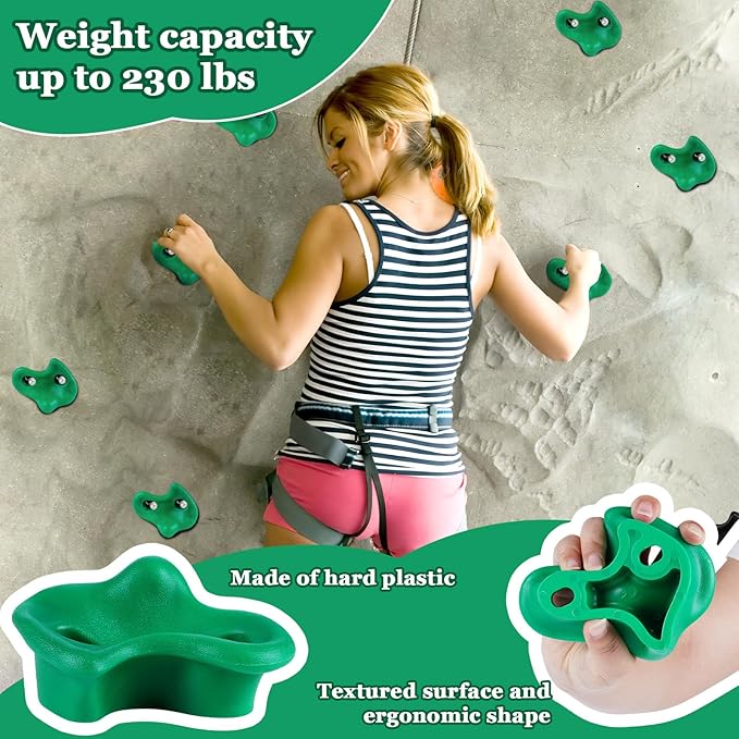 10PCS Green Rock Climbing Holds, Rock Climbing Wall for Kids, Extra Large Size Climbing Rock Wall Grips with Mounting Hardware and Wrench for Indoor Outdoor Playground, Installed on Wooden Board