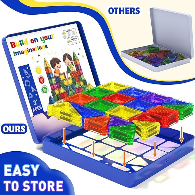 Travel Mini Magnetic Tiles 60 PCS, STEM Yoys Magnetic Building Toys for Kids Ages 4-8 with Iron Case, Blocks Building Preschool Learning Sensory Montessori Toys for 3+ Year Old Boys and Girls