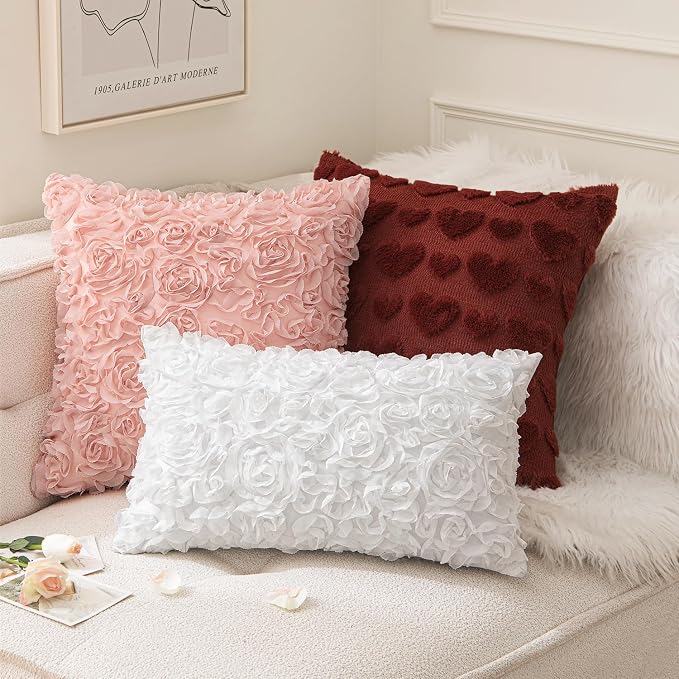 MIULEE Decorative Rose Flower Pillow Covers Pack of 2 Peach Pink 18x18 Inch | Cute Romantic Stereo Chiffon Throw Pillow Cover Aesthetic Solid Pillowcase for Girl Coquette Room Decor Coach Bedroom