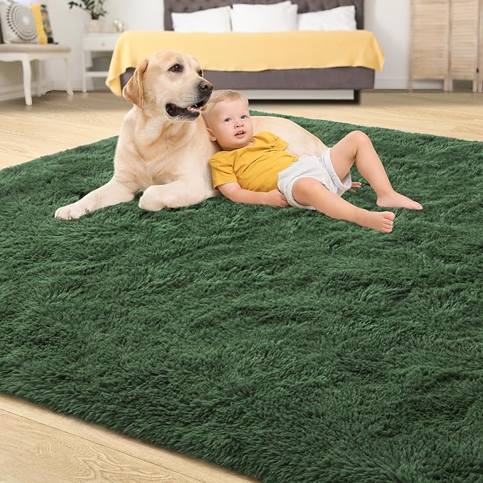 Tepook Fluffy Dark Green Rugs for Living Room Bedroom, 9x12 Soft Area Rug Forest Hunter Green Kids Girls Boys Rug, Indoor Plush Shaggy Non-Slip Carpet for Nursery Classroom Dorm Home Decor