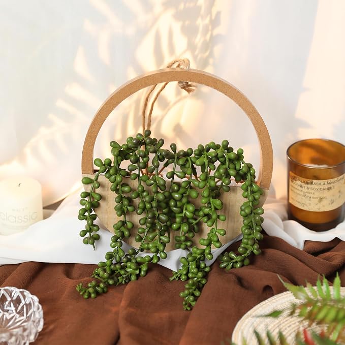 2pcs Artificial Succulents Hanging Plants 12.2'' Fake String of Pearls in Pot with 8.3'' Lanyard for Indoor Outdoor Wall Decor（Wood Color）.