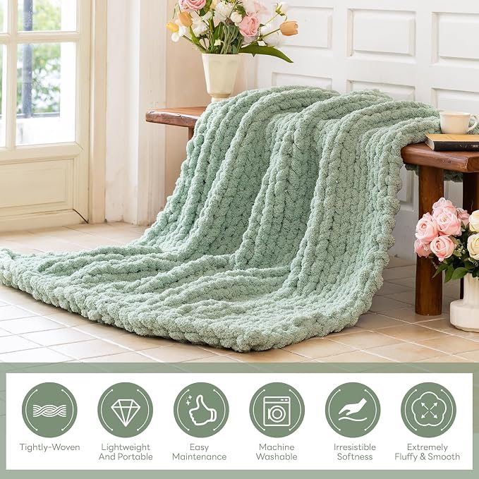Chunky Knit Blanket - Luxury Soft Cozy 40 * 50 Throw Blanket,100% Woven Blanket Rope Knot Throw Blanket for Couch, Sofa, Home Decor, Gift - Machine Washable (Sage Green, 40 * 50)