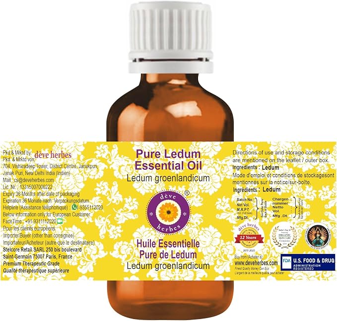 Deve Herbes Pure Ledum Essential Oil (Ledum groenlandicum) Steam Distilled (Pack of Two) 100ml X 2 (6.76 oz)