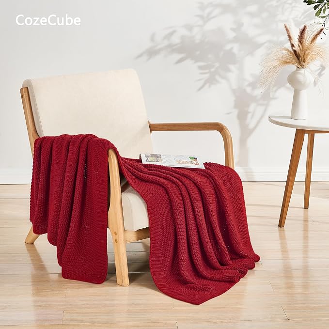 CozeCube Christmas Red Seed Stitch Throw Blanket 50"x60", Farmhouse Decor | Blanket for Couch, Soft Cozy Cable Knit Throw for Bed Sofa Living Room, Lightweight Warm Decorative Christmas Blanket
