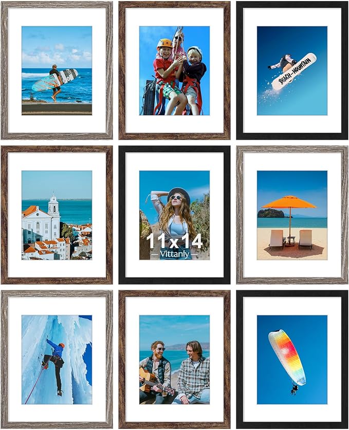 Vittanly 11x14 Picture Frames Set of 9, Black&Brown&Dark Grey | Display Pictures 8x10 with Mat or 11x14 without Mat, Engineered Wood with Shatter Resistant Plexiglass, Gallery Photo Frames