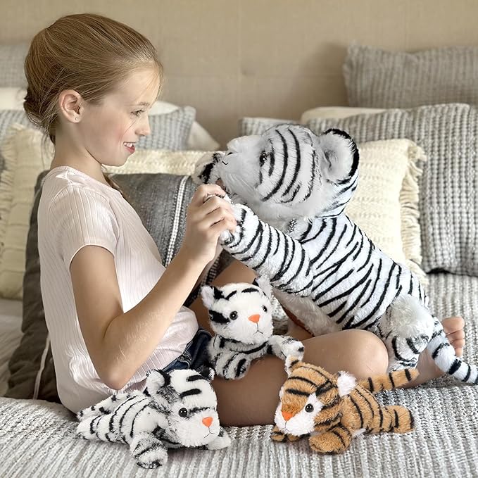 MaoGoLan 4Pcs White Tiger Stuffed Animals, 17.7 inches Large Tiger Plush Toy Set, Stuffed Mommy Tiger with 3 Cubs, Gifts for Boys Girls, Birthday Christmas Festive Decor