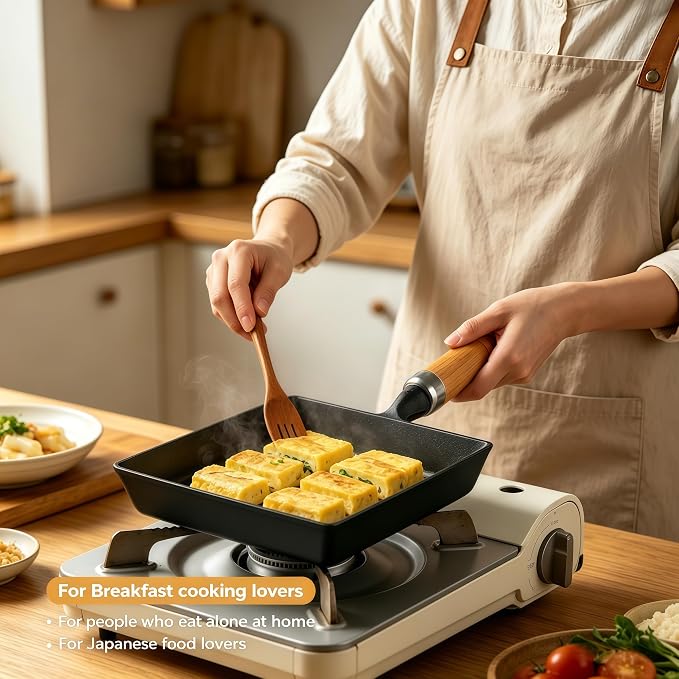 Cast Iron Tamagoyaki Pan Japanese Egg Omelette Pan Skillet Wooden Handle