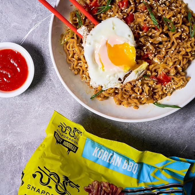 Snapdragon Saucy Instant Noodles with Korean BBQ Slurpable Sauce - Quick Meal, Snack, and Lunch. 4-Pack Microwave Noodles for Cup, Bowl, Ramen or Asian Stir Fry