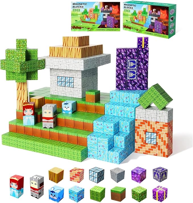 Magnetic Blocks -Adventure at Lava World Blocks Set - Magnetic Cubes Building Blocks Toys for Halloween Christmas Birthday Gift - STEM Sensory Toys for 3+ Years Old Girl Boys
