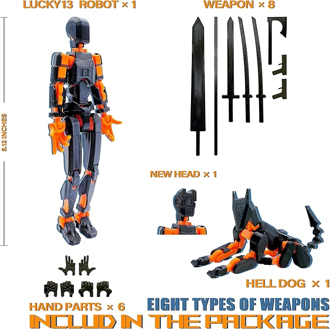 T13 Action Figure Set (Assembly Completed),Dummy 13,Titan 13 Action Figures,3D Printed Toys Multi-Jointed Movable (Black/Orange)