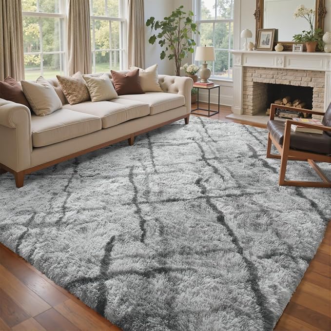 6x9 Ft Large Shag Rugs for Living Room Decor, Tie-Dyed Ultra Soft Fluffy Furry Area Rugs for Bedroom Indoor Floor, Aesthetic Carpet for Kids Home (Grey)