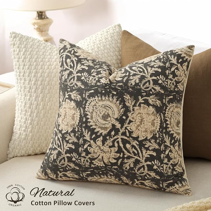 Vintage Floral Print Throw Pillow Covers 24x24 Set of 2 Neutral Modern Farmhouse Pillowcases Accent Decorative Cushion Covers Boho Home Decor for Couch Sofa Chair Bed Living Room, Black