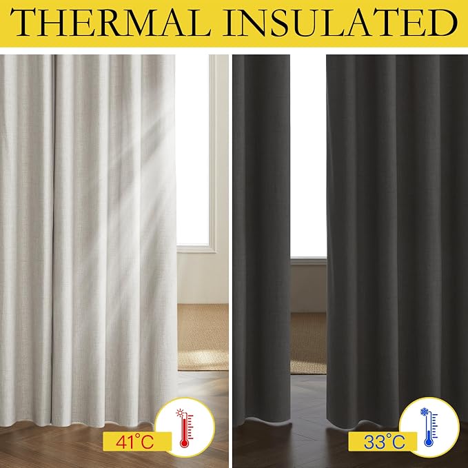 NICETOWN Snowbound Vintage Linen 100% Blackout Curtains for Living Room, Thermal Insulated Curtains 120“ Long, Noise Reducing Window Treatment Drapes for Home Office, 62" Wide Per Panel, Set of 2