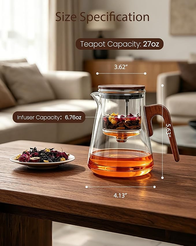 ZENS Magnetic Tea Pot, Enchanted Glass Teapot with Infuser and Magnetic Suction Lid for Mess-Free Loose Tea Diffusers, Walnut Wood Handle, Tea Lovers Gifts
