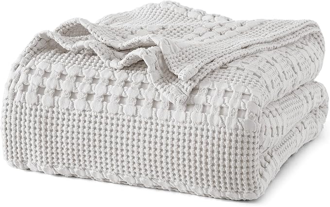 PHF 100% Cotton Waffle Weave Blanket Queen Size, Lightweight Breathable Summer Blanket for Hot Sleepers, Pre-Washed Soft Layer for Bed, Couch, Aesthetic Home Decor & Gift, 90"x90", Light Grey