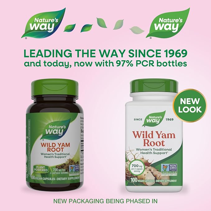 Nature's Way Wild Yam Root Capsules,Women's Traditional Health Support*,700 mg per 2-Capsule Serving,Non-GMO Project Verified,100 Vegan Capsules (Packaging May Vary),(Pack of 2)