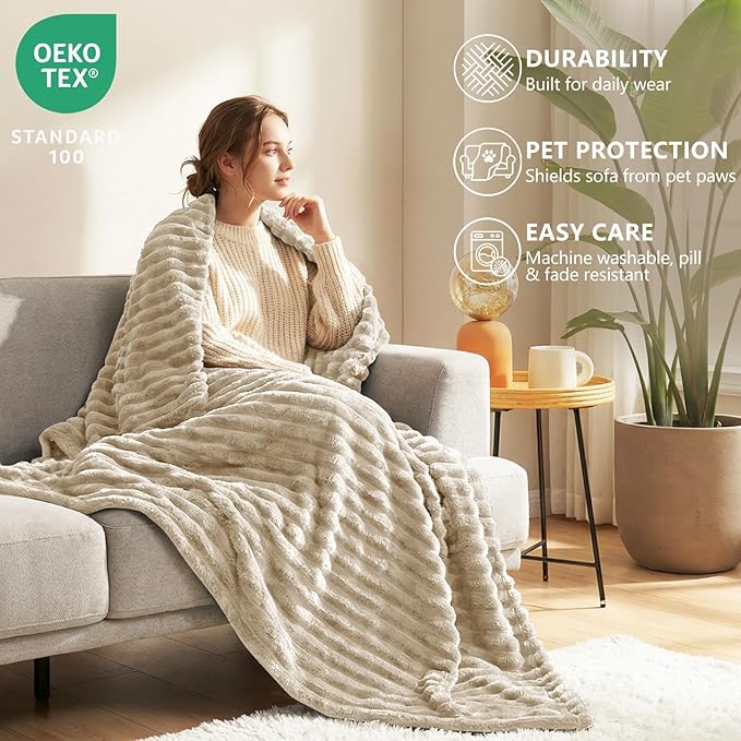 HIMEET Linen Queen Size Blanket for Bed, 300GSM Ribbed Fleece, 90 x 90 in | Ultra Soft Flannel, All-Season Lightweight Warmth, Cozy Bed Coverage & Bedroom Decor, Gift for Men & Women, Machine Washable