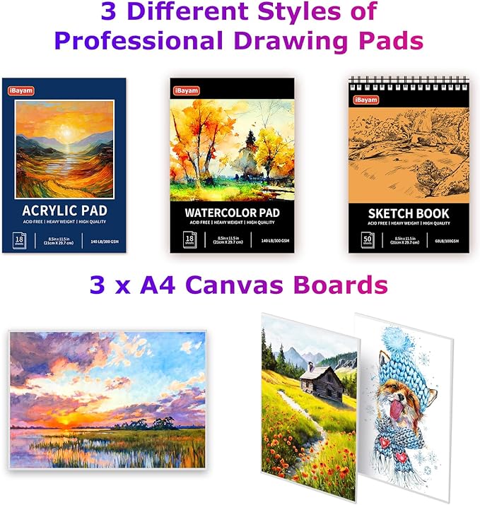 iBayam Arts and Crafts Kits for Kids Teens Girls Boys Adult, 195-Pack Deluxe Art Set Box with 3 PCS Drawing Pads, Canvases, Acrylic Painting, Drawing & Art Supplies for Pumpkin, Halloween, Christmas