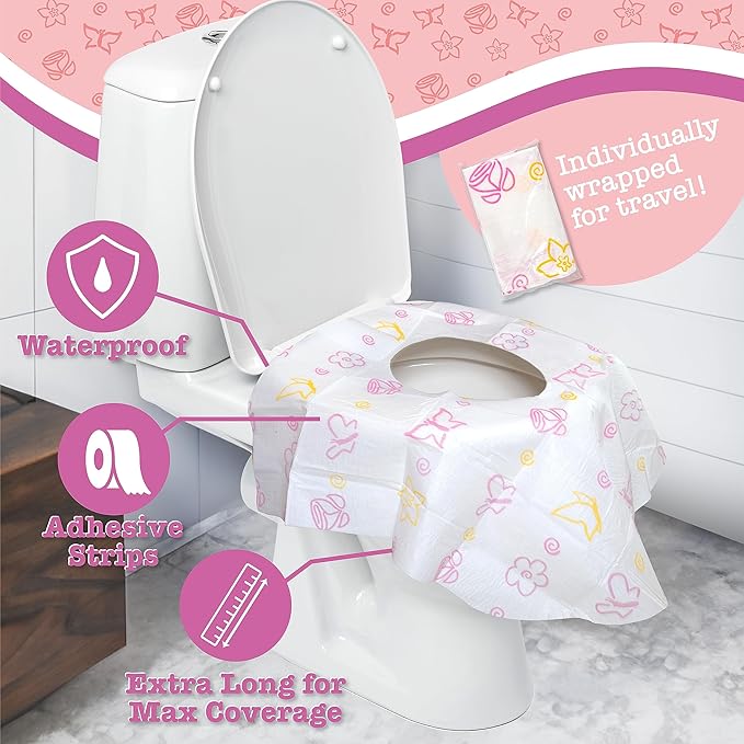 Toilet Seat Covers Disposable (12 Pack, Floral) - XL Waterproof Toilet Cover for Toddlers, Kids & Adults - Portable & Individually Wrapped for Travel, Potty Training & Public Restrooms