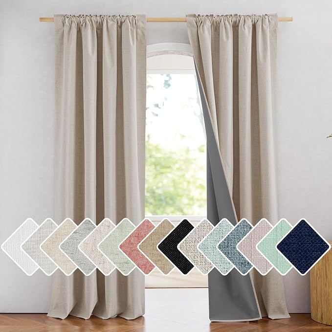 NICETOWN 100% Blackout Natural Linen Bedroom Curtains 95" Length with Thermal Insulated Liners, Farmhouse Style Room Cooling Small Window Draperies for Living Room (2 Panels, 52" W)