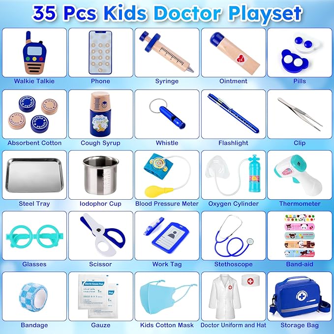Doctor Kit for Kids, 35 Pcs Kids Doctor Kit for Toddlers 3-5 with Medical Storage Bag & Real Stethoscope, Pretend Play Doctor Set for Fun Role Playing Game, Doctor Play for Kids Boys Girls
