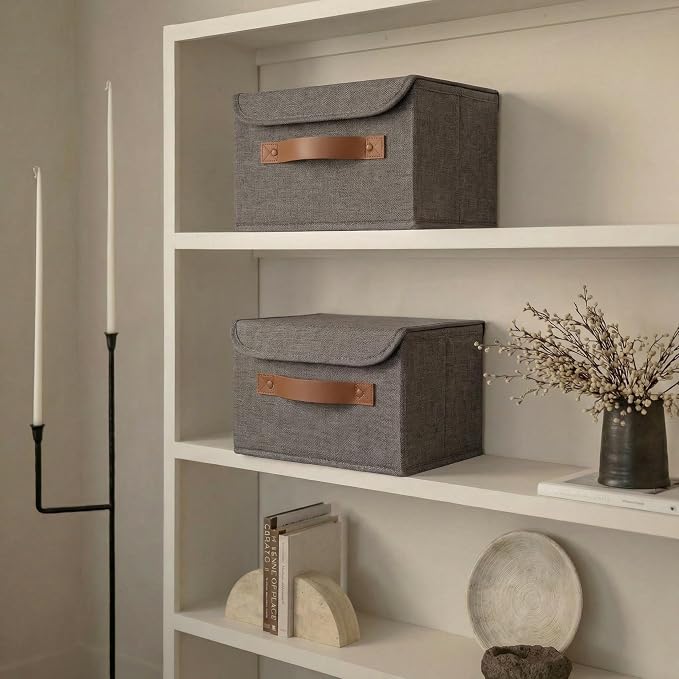 Decorative Linen Storage Boxes with Lids - Spacious Set of 2 Organizer Bins | The Perfect Small Container for Home Decor - Safely Store Photos, Documents and Memory Box Keepsakes in Style