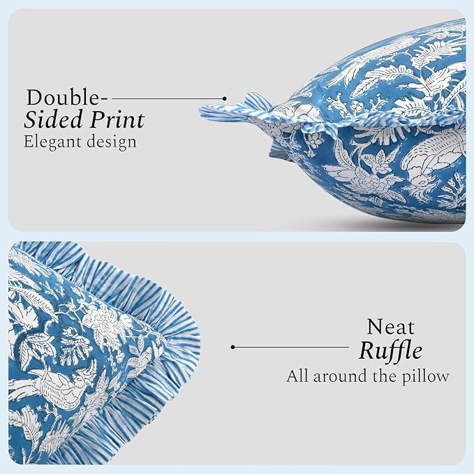 CPC Block Print Ruffle Throw Cover Blue Sapphire 18"x18" Inch Pack of 2-100% Cotton Ruffle Couch Decorative Boho Pillows Case for Living Room, Bedroom, Sofa, Farmhouse Gift for Spring, Mother's Day